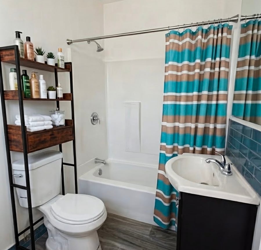 Full bathroom, with shower/tub, plenty of storage space and medicine cabinet