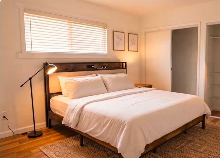 Peaceful bedroom space with 2 full closets