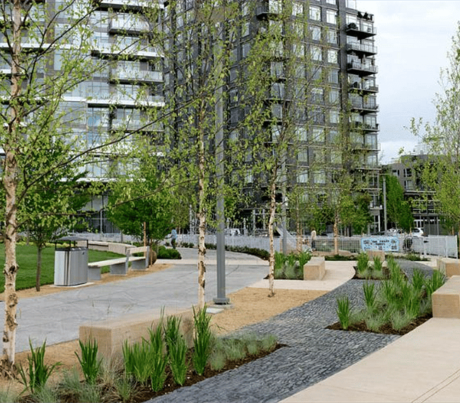 The Fields Park also has plenty of seating and strolling options. That's the Pinnacle Condo in the background, on the right.