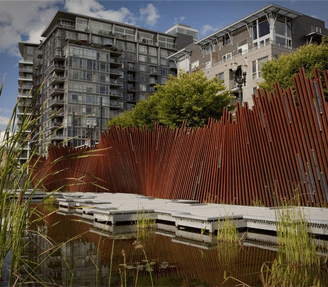 Here's the view from the other side of Tanner Springs Park. That's the Pinnacle Condo in the background, on the left.