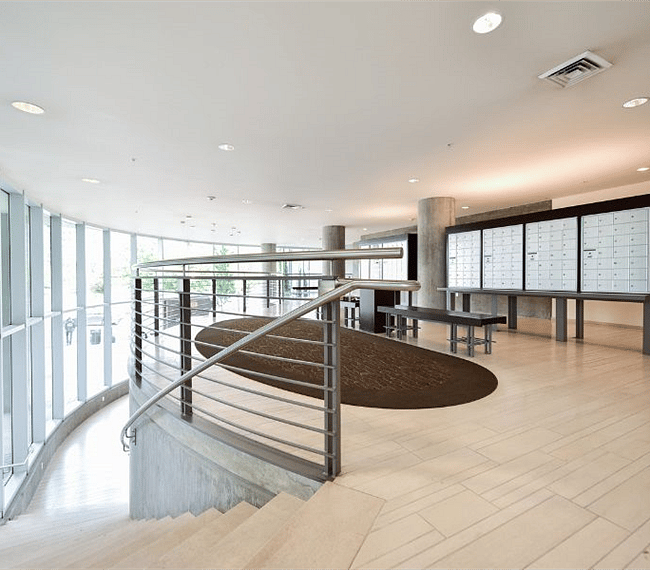 The upper lobby area is where the mailboxes are located.