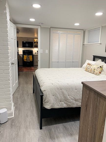 Bedroom viewed from the bathroom entrance