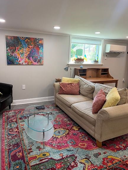 Living room viewed from bathroom entrance