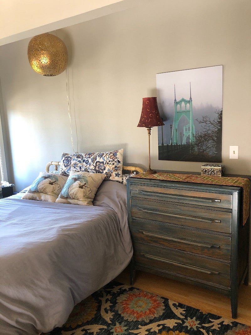 Bright lighted Loft bedroom (double bed) with office desk and chair, dresser, closet and bathroom