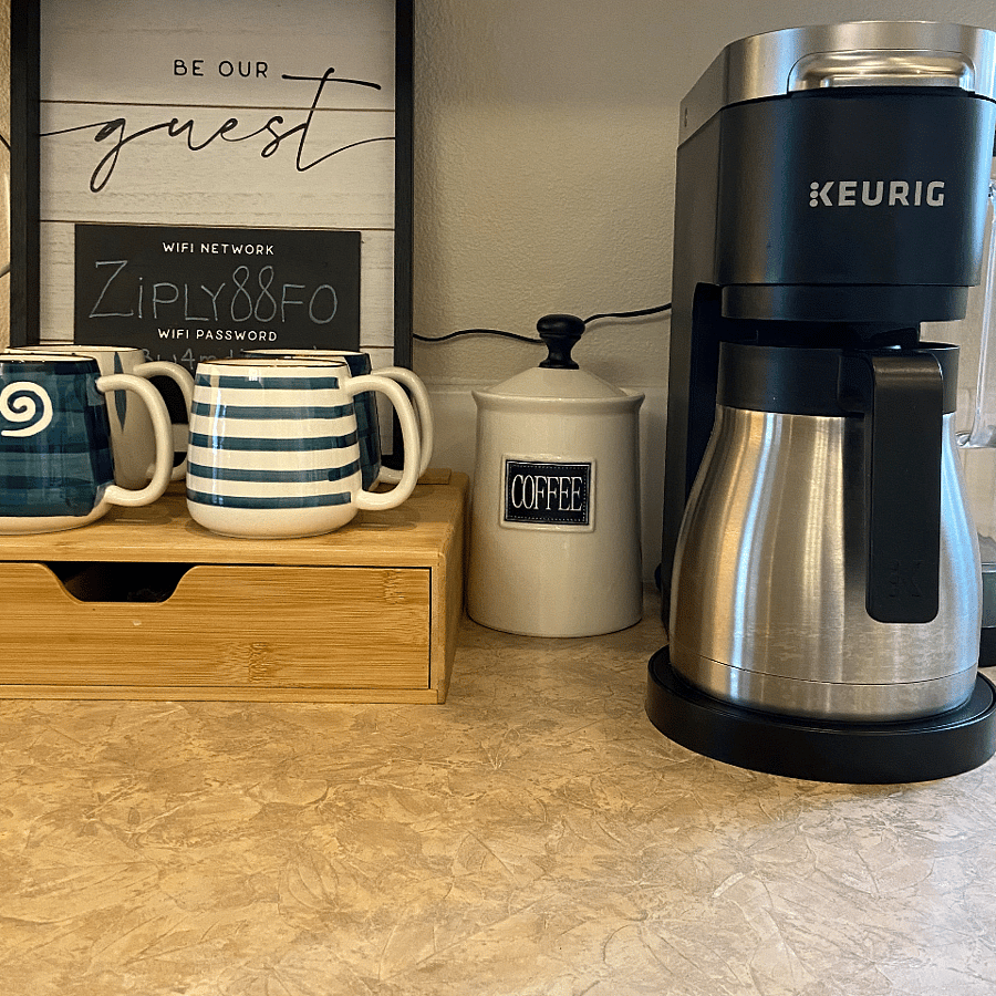 Complimentary Coffee Station, with Keurig dual coffee maker for one cup or a pot. Coffee, Tea, Cocoa provided upon check in.