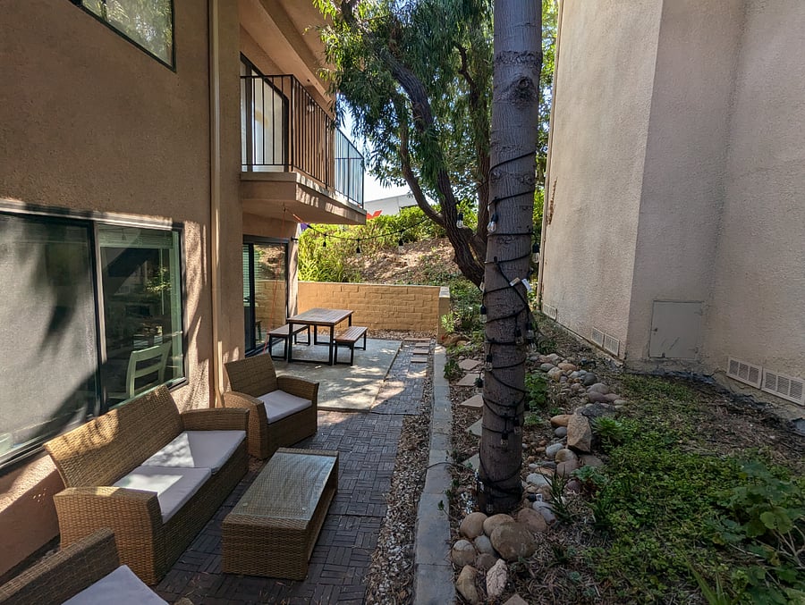 view looking east of the private patio and garden