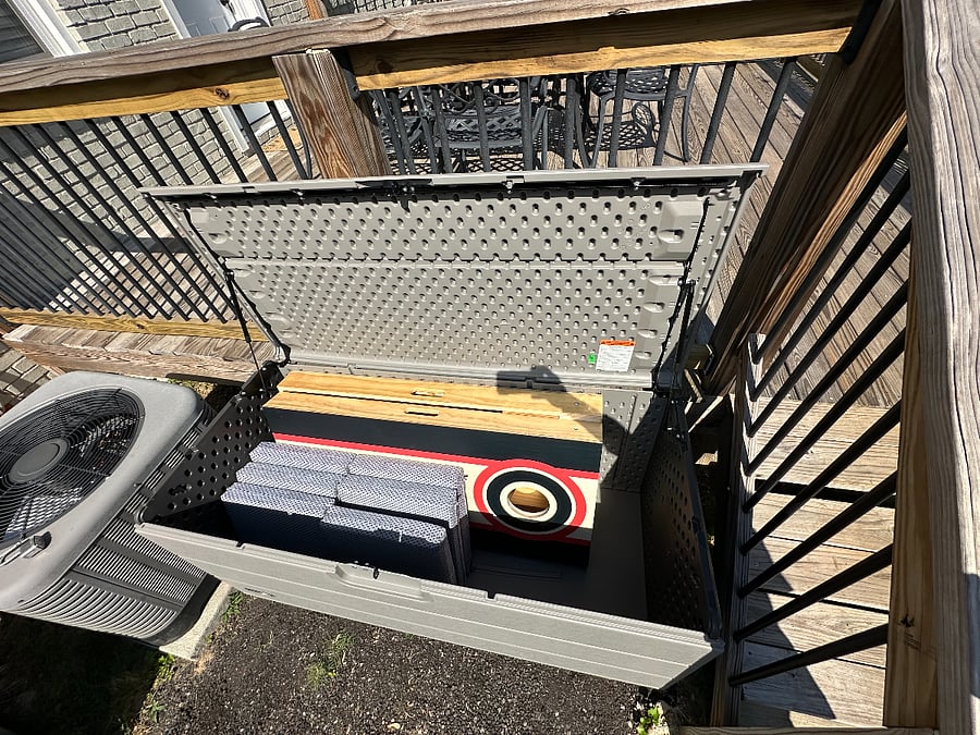 Cornhole, chair cushions for deck furniture