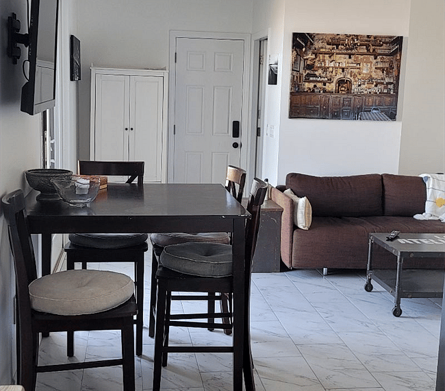 View of dining and living spaces.