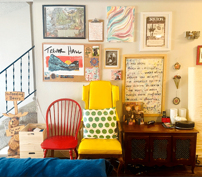 Gallery wall and sitting area, a great place to sit and listen to music or read.
