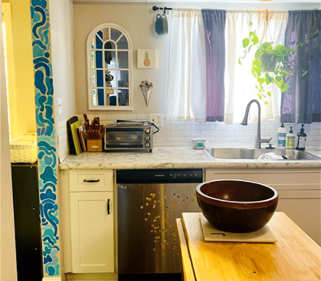 Dishwasher, deep sink, toaster oven and a cute little mural I painted during quarantine.