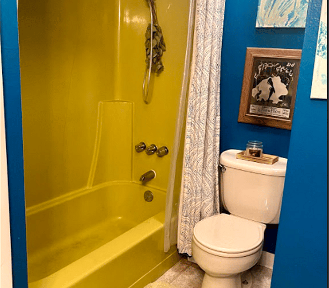 As you can see I really embraced the 70's vintage green tub that came with the house - I lean in and pretend I'm showering in the yellow submarine every morning. Great water pressure and perfect for baths!