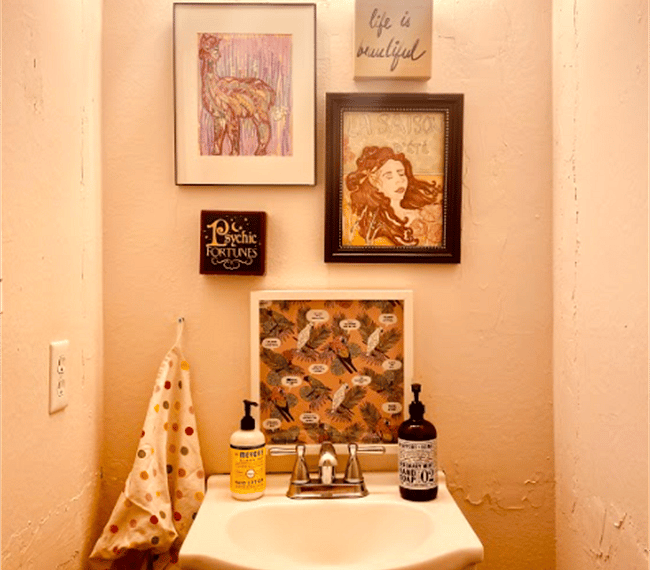 Dreamy feminine pink half-bath downstairs, who needs mirrors?