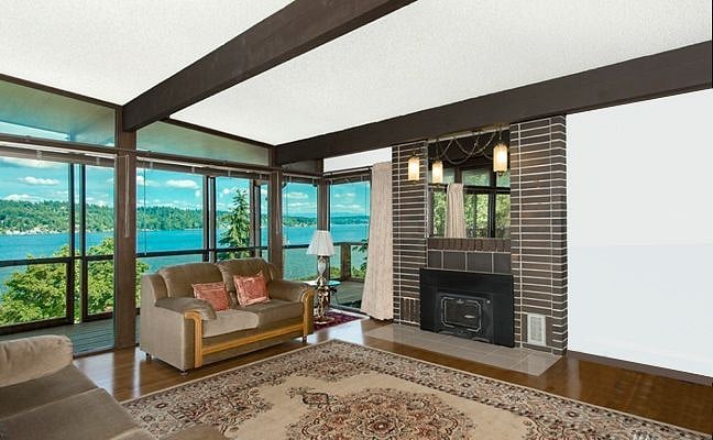 Living room with adjoining deck.