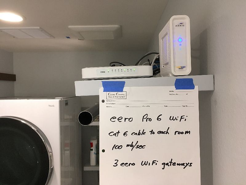 Very robust EERO wifi system with three wired-mesh hubs. 100 mb/sec.