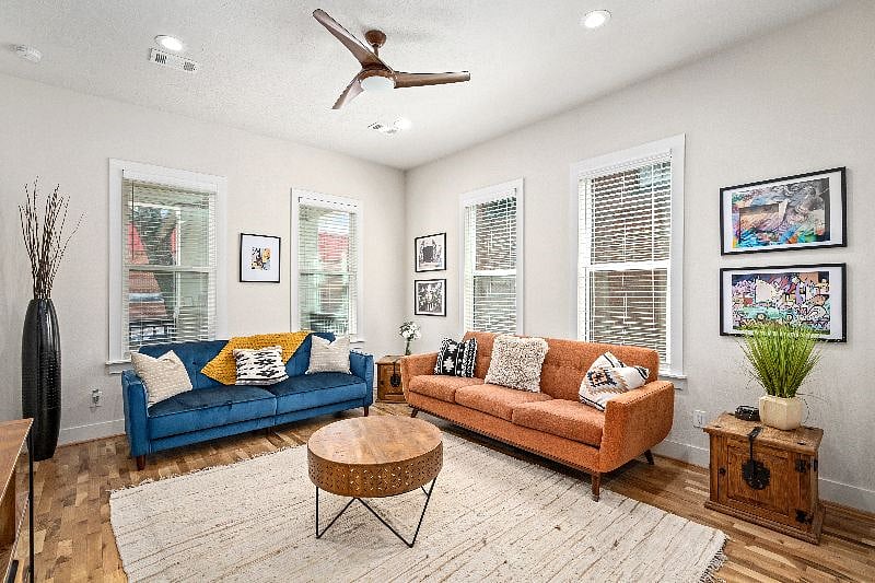 Stylish living room with comfy couches.