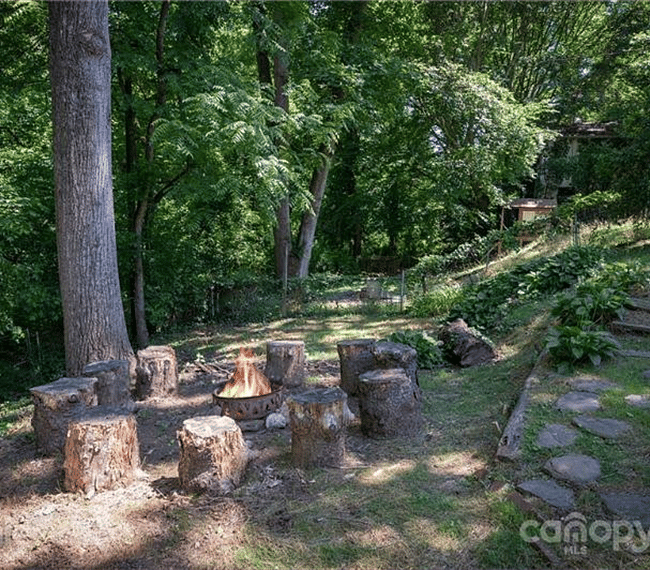 Fire pit in the fenced-in private back yard