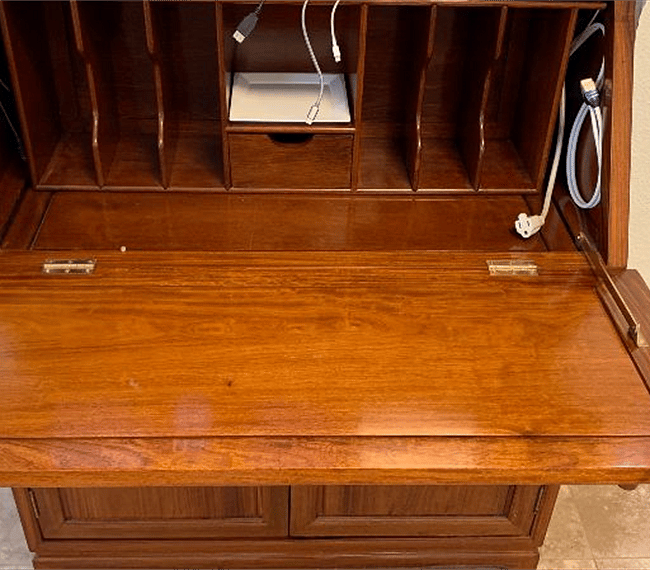 Secretary desk with HDMI, USB, Lightning, and power connections.