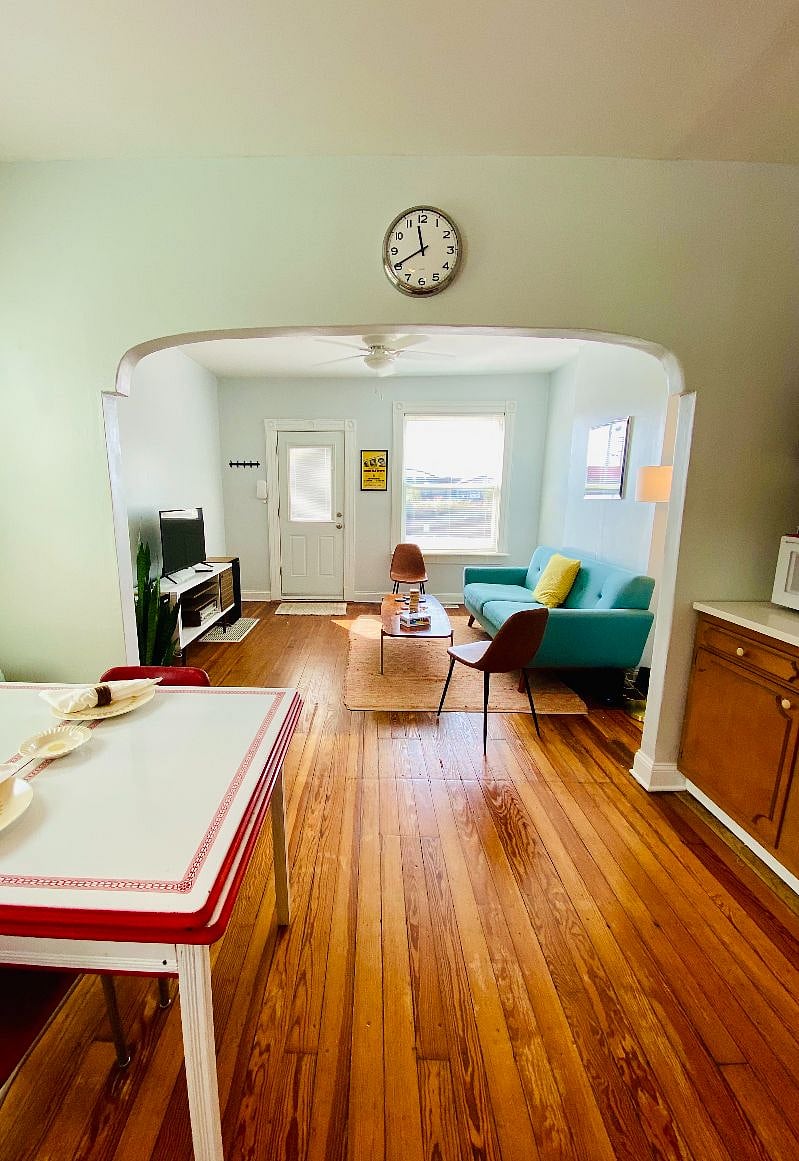 View from kitchen to living room and front door.