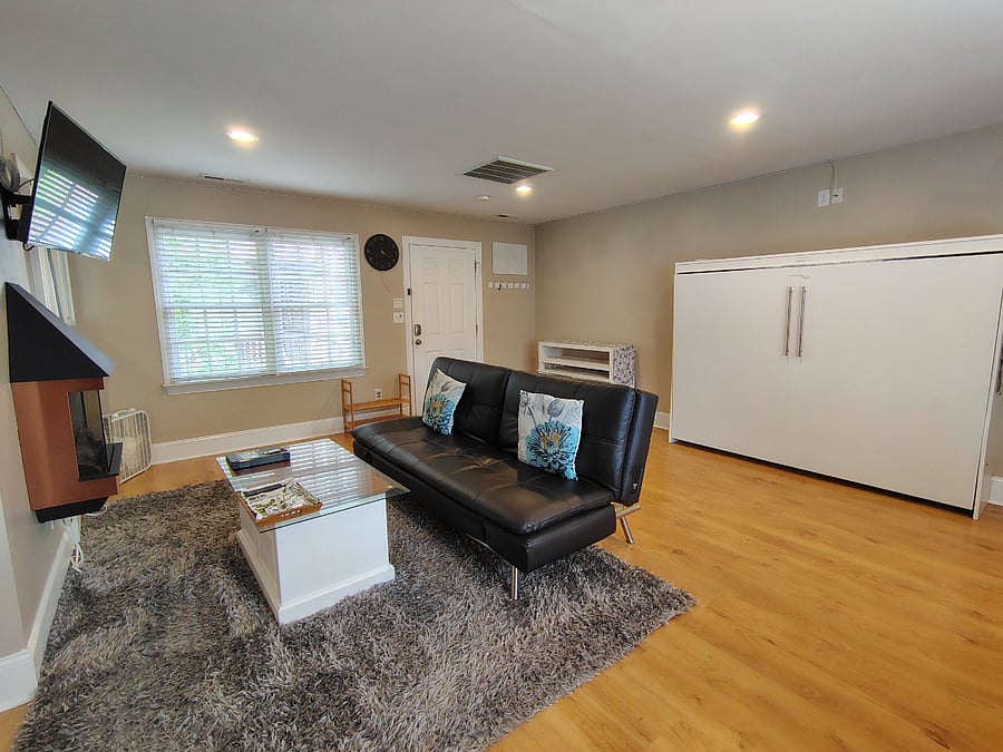 queen sized murphy bed stowed to maximize space