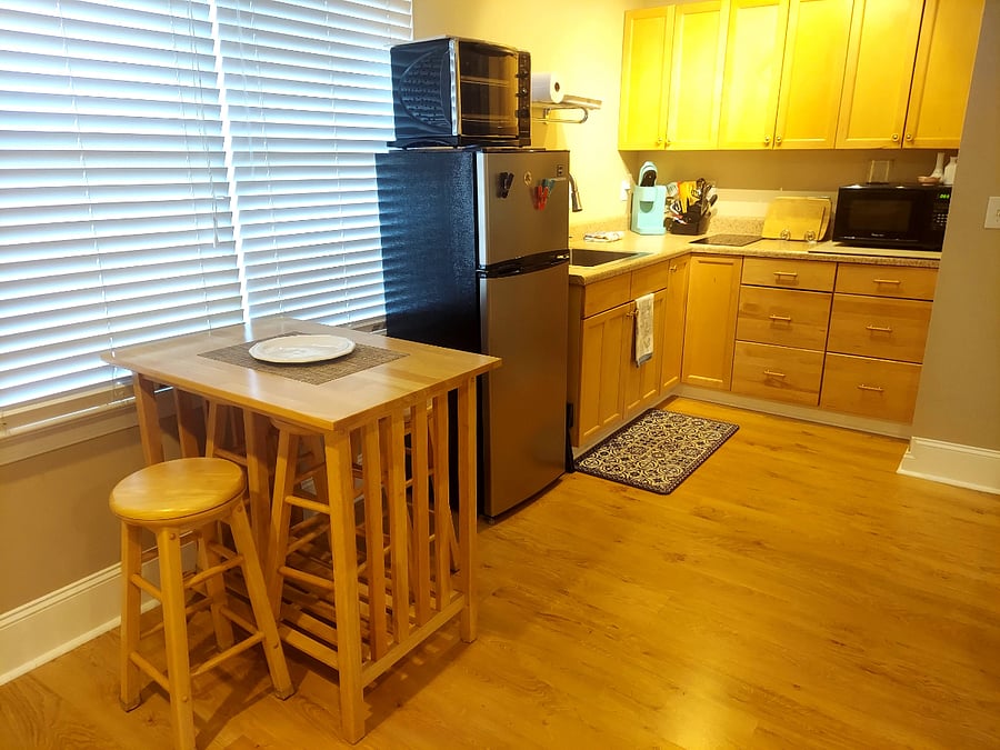 dining table and kitchen area