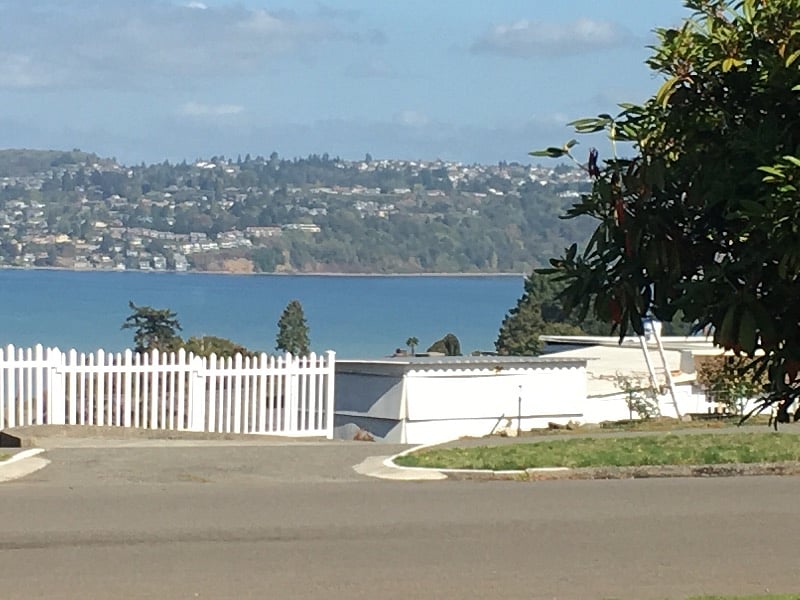 The waterfront is just down the hill from the apartment. Here is a view of the water from the front yard.