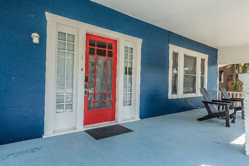 Front Door with Shlage Encode Wifi enabled doorlock/deadbolt, Front Patio with Adirondack Chair sitting area