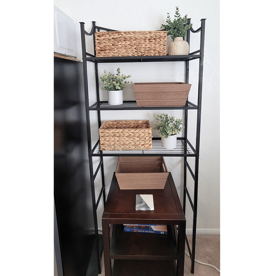 Snack storage shelves and baskets