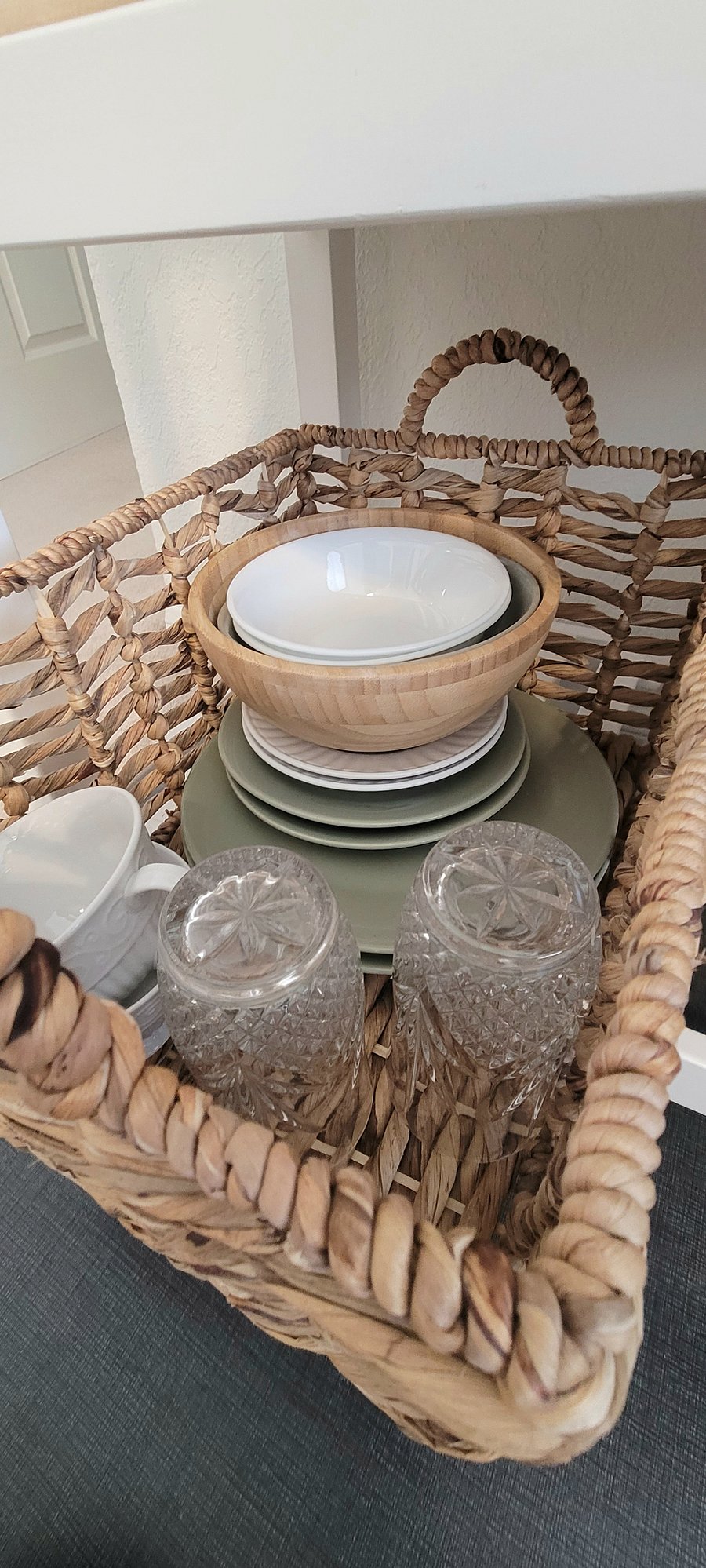 Plates, bowls, glasses, teacups and coffee mugs.