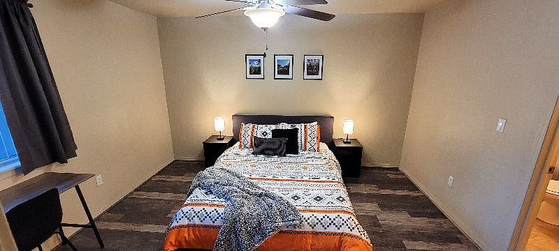 Your bedroom - features a queen bed, smart charging lamps, desk space, walk in closet. Your private bathroom is ensuite