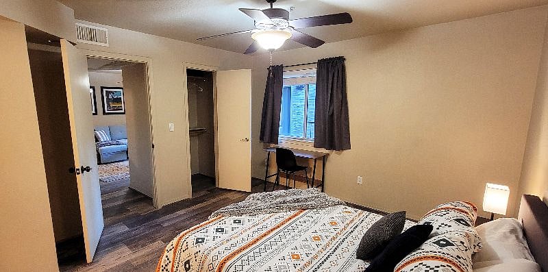 Your bedroom - features a queen bed, smart charging lamps, desk space, walk in closet. Your private bathroom is ensuite