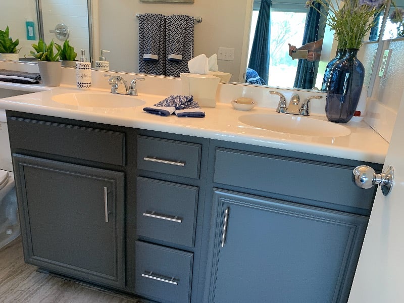 Dual sinks in the primary en suite bathroom.