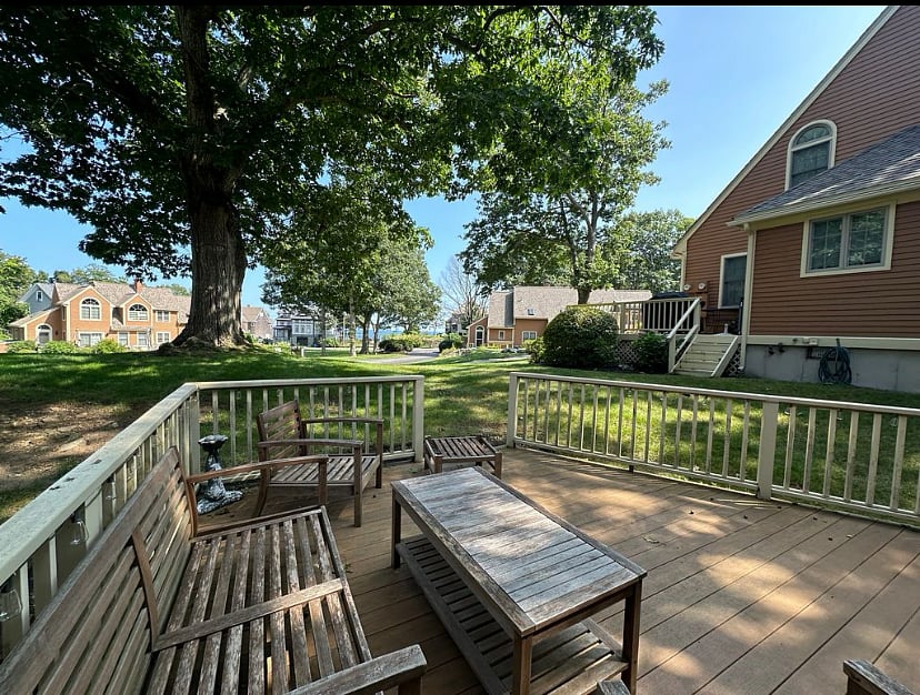 New deck furniture summer 2025 with sofa, 2 rocking chairs and a gas fire pit since this picture