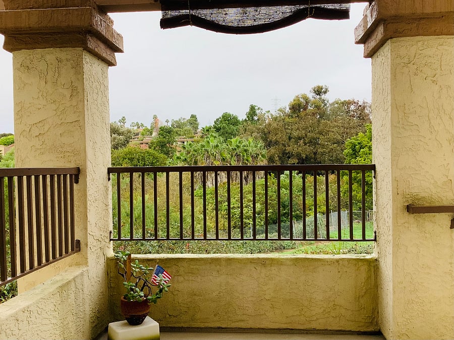 Front porch looking out to large treed lot.