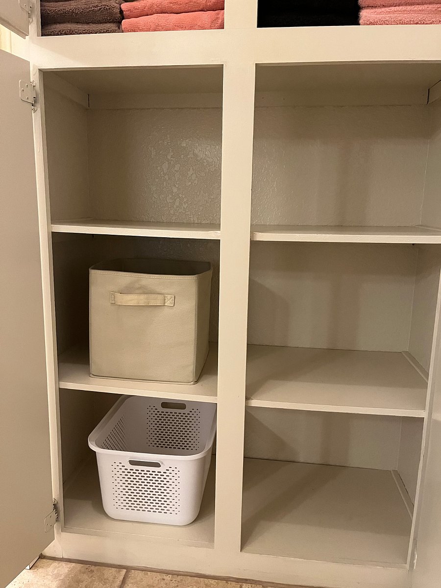 Plenty of storage in bathroom plus a large 2 door mirrored closet to use.