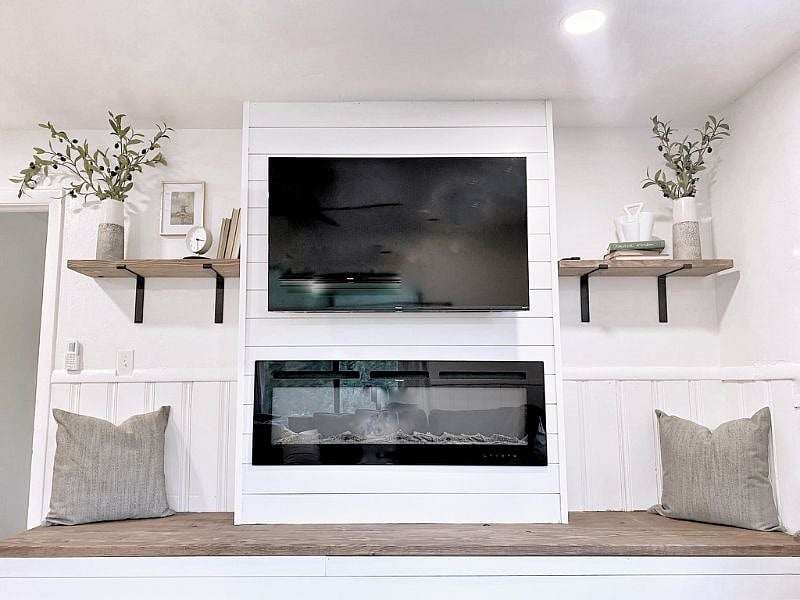 View from the lovely sectional is this TV and beautiful electric fireplace.  