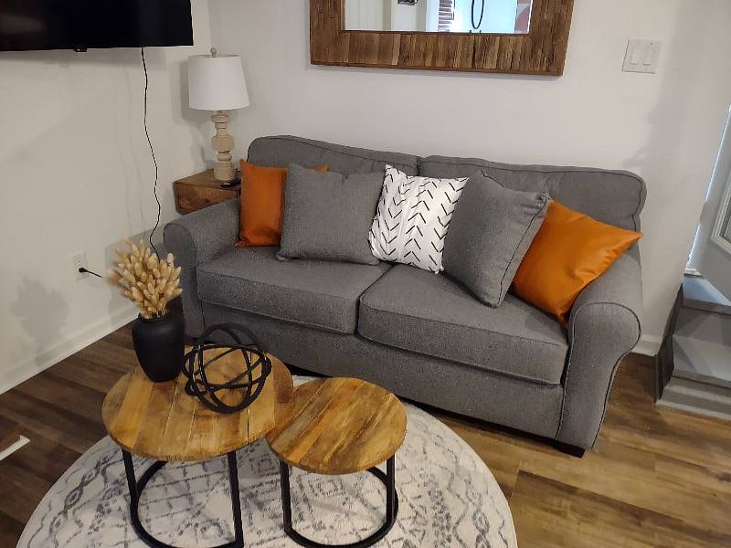 Sleeper Sofa, TV is on the wall to the left.