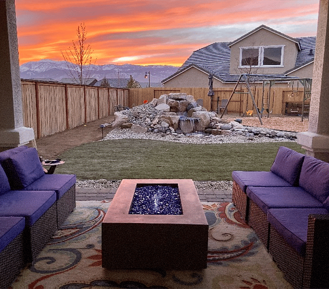 So close to Tahoe! Outdoor fireplace, seating, and water feature. Perfect spot to curl up with a book and coffee.