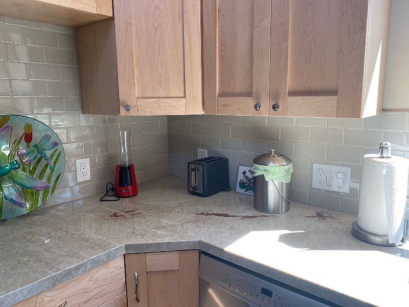 Kitchen counter with convenient compost bin, paper towel dispenser, small blender and toaster.