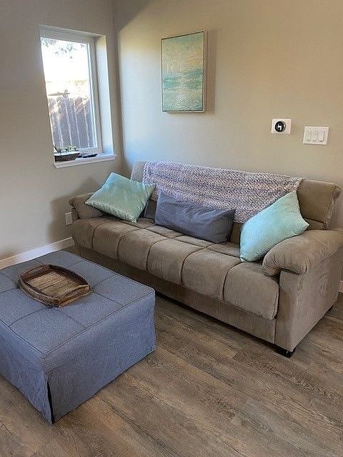 Living area with sofabed and ottoman.