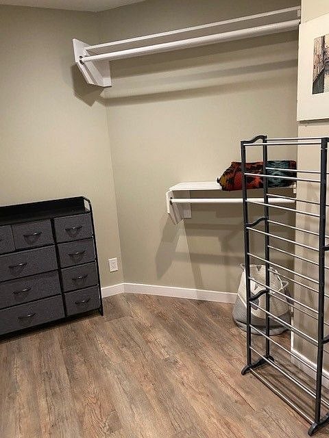 Walk-in closet facing to the left, with multi-drawer dresser and shoe rack.