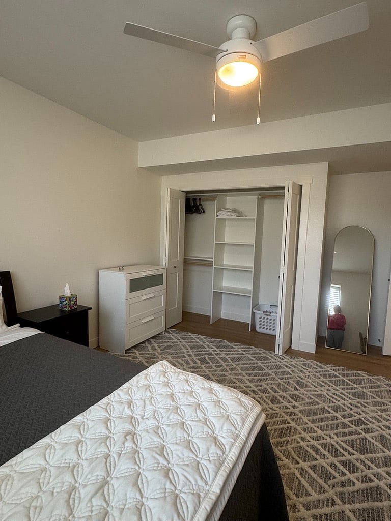 Large closet, hangers and laundry basket provided