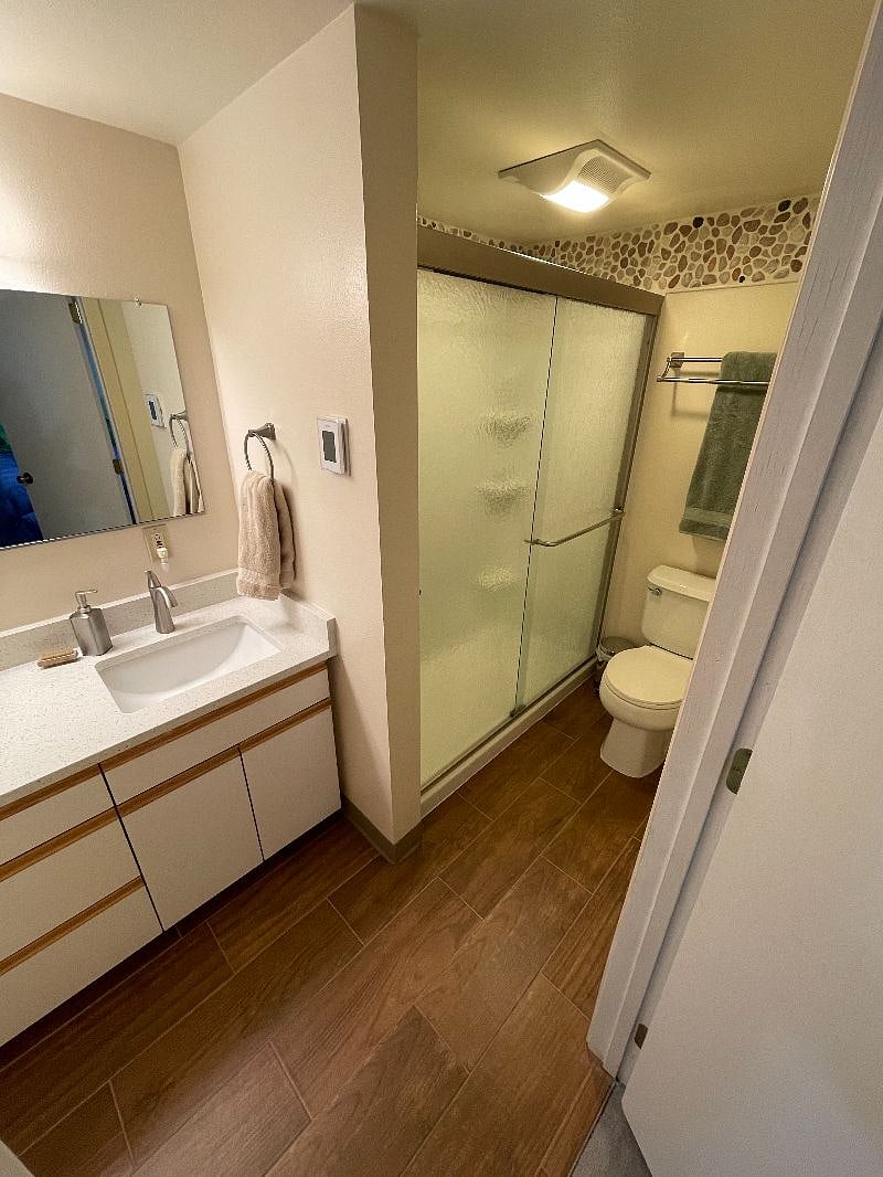 Newly renovated bathroom with in-floor heating.