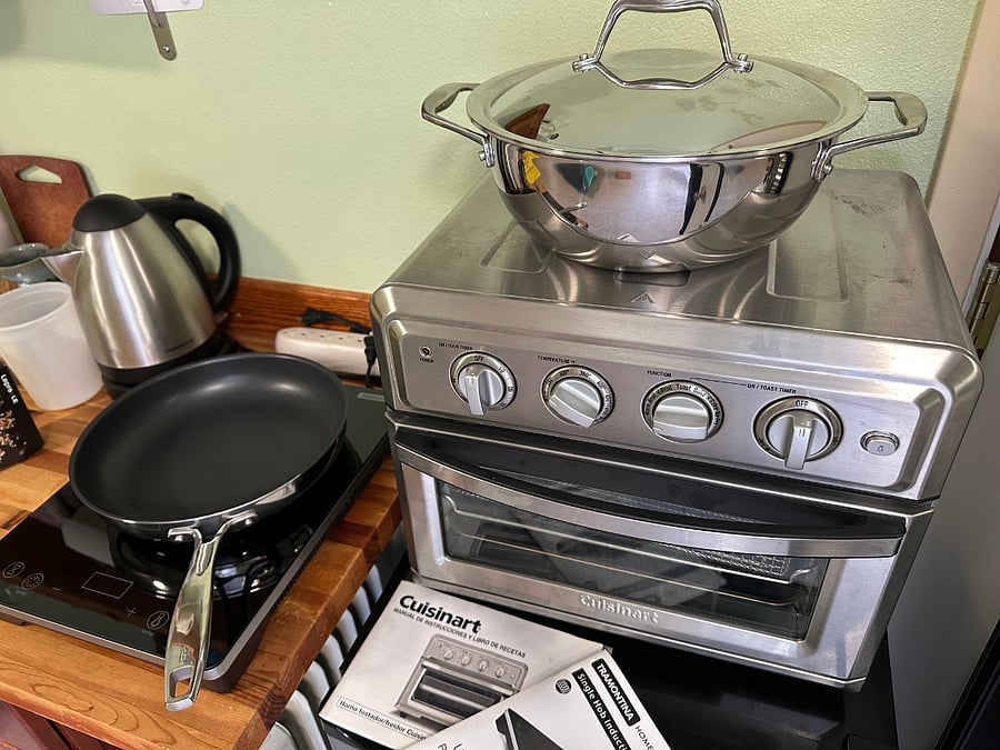 Induction cooktop and air fryer/toaster/oven.
