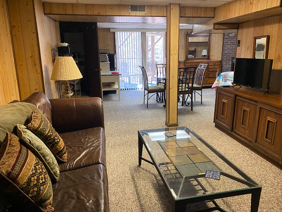 View of the full apartment that is one large L shaped open room with the living room, kitchenette and dining area on the long end of the L and the bedroom in the short end of the L. The half bath is in the corner of the room behind the kitchenette