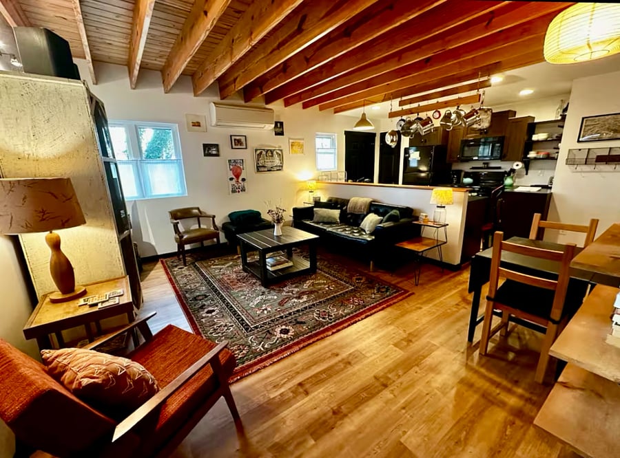 Modern farmhouse furnishings make the space warm and inviting