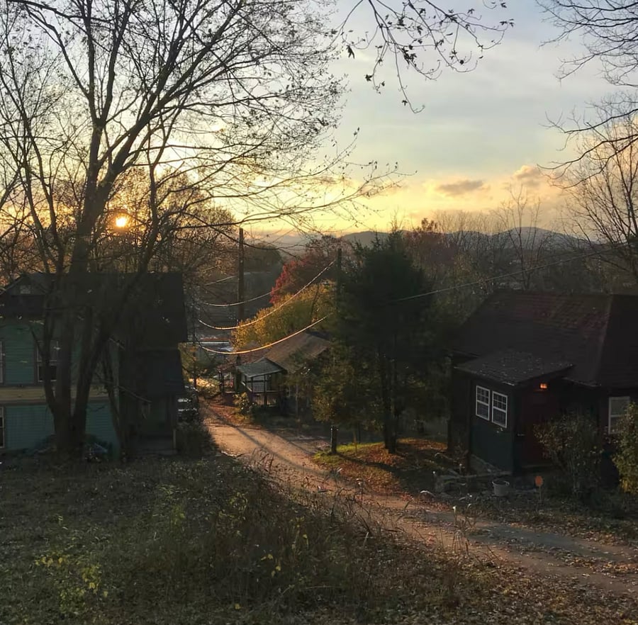 Sunset views of Chicken Hill and the Blue Ridge Mountains in the background