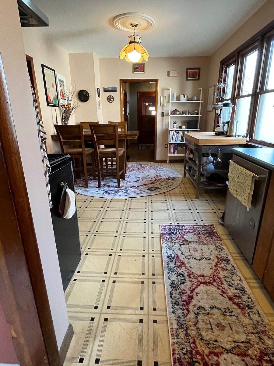 View from the back of the kitchen towards the stairs.