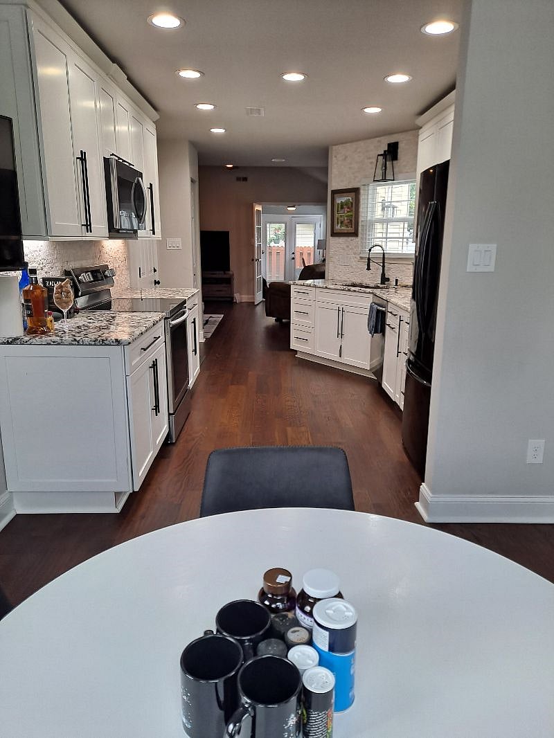 View of kitchen from kitchen table.