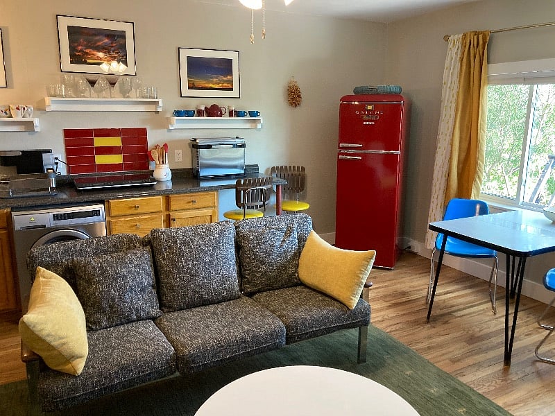 Original mid century pieces! And a very fun fridge.