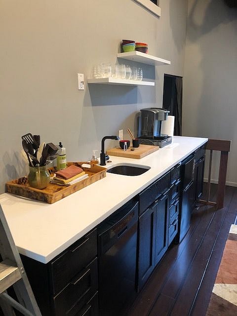 hot plate, coffee maker, skillets, dishwasher, copper sink, all amenities